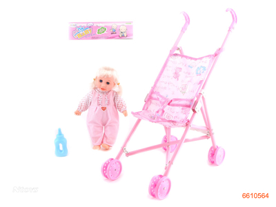 15''COTTON BODY VINYL DOLL W/4SOUNDS/PLASTIC STROLLER.2COLOUR