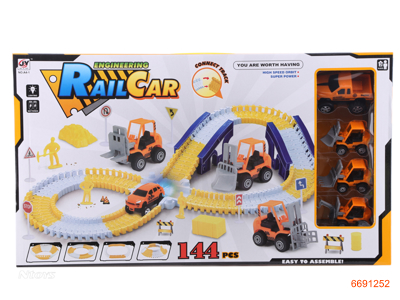 B/O TRAIN TRACK W/3PCS P/B CONSTRUCTION ENGINE + 1PCS B/O CAR,W/LIGHT,W/O 1*AA BATTERIES IN CAR,144PCS