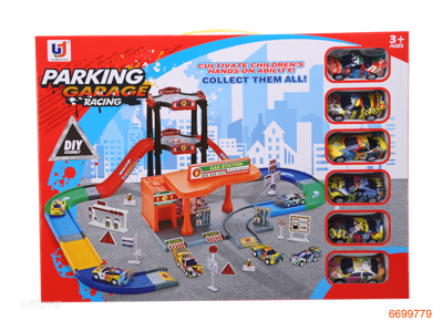 TRAIN TRACK PARKING LOT,W/6PCS P/B CAR