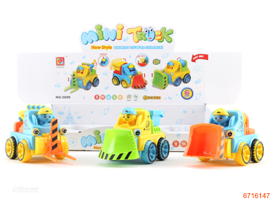 F/P CARTOON CONSTRUCTION CAR W/LIGHT/MUSIC/BATTERIES.3ASTD.2COLOUR.6PCS/BOX