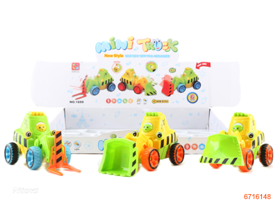 F/P CARTOON CONSTRUCTION CAR W/LIGHT/MUSIC/BATTERIES.3ASTD.2COLOUR.6PCS/BOX