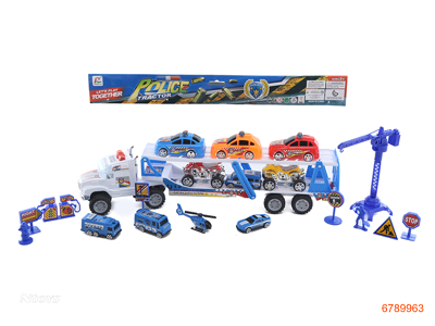 F/P CONSTRUCTION ENGINE W/2PCS SAND VEHICLE/3PCS POLICE CAR W/LIGHT/MUSIC/2*AG13 BATTERIES