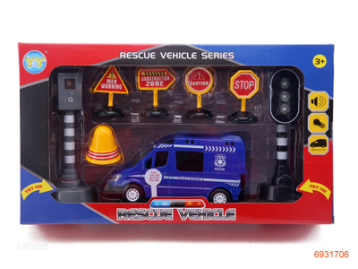 POLICE CAR W/LIGHT/MUSIC/ ROADBLOCKS,  W/7*AG13 BATTERIES