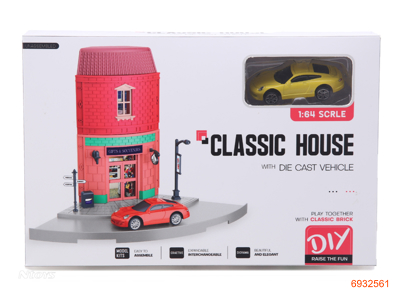 DIY VILLA BLOCK W/1PCS FREE WHEEL DIE-CAST CAR