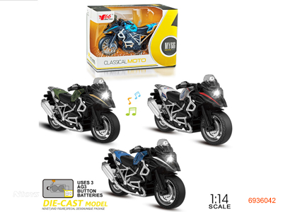 1:14 PULL BACK DIE-CAST MOTORCYCLE W/LIGHT/MUSIC/3*AG3 BATTERIES 3COLOURS