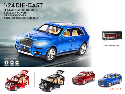 1:24 PULL BACK DIE-CAST CAR W/OPEN DOOR/LIGHT/SOUND/3*AG13 BATTERIES 3COLOURS