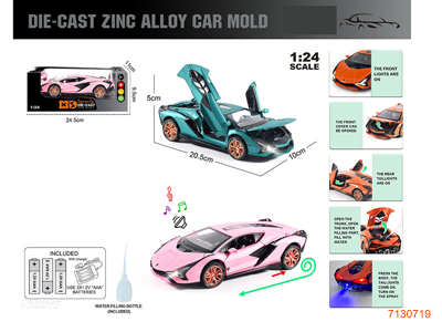 1:24 PULL BACK DIE-CAST CAR W/4 OPEN DOOR/LIGHT/SOUND/SPRAY/3*1.2V BATTERIES/USB CHARGER 2COLOURS