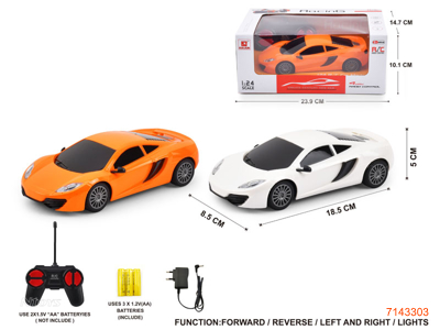 27MHZ 1:24 4CHANNELS R/C CAR W/LIGHT/3*1.2V BATTERIES IN CAR/CHARGER W/O 2*AA BATTERIES IN CONTROLLER 2COLOURS