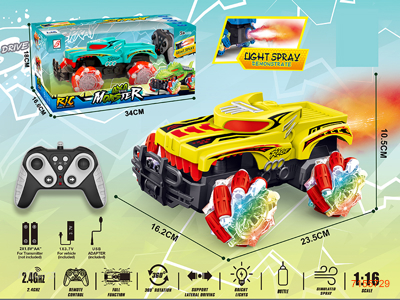 2.4G 1:16 9CHANNELS R/C CAR W/LIGHT/MIST SPRAY/3.7V BATTERY PACK IN CAR/USB CABLE W/O 2*AA BATTERIES IN CONTROLLER 2COLOURS