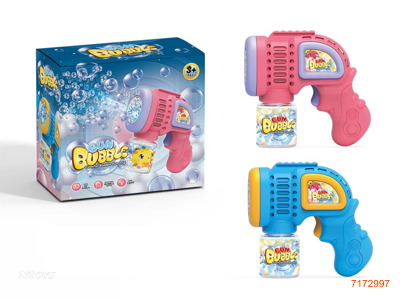 B/O BUBBLE GUN W/1PCS 90ML BUBBLE WATER/LIGHT/MUSIC W/O 4*AA BATTERIES 2COLOURS